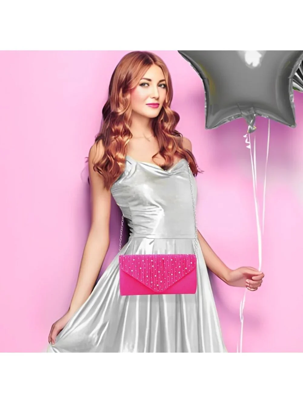Women's Fuchsia Rhinestone Clutch Purse For Evening Bag Wedding Handbags